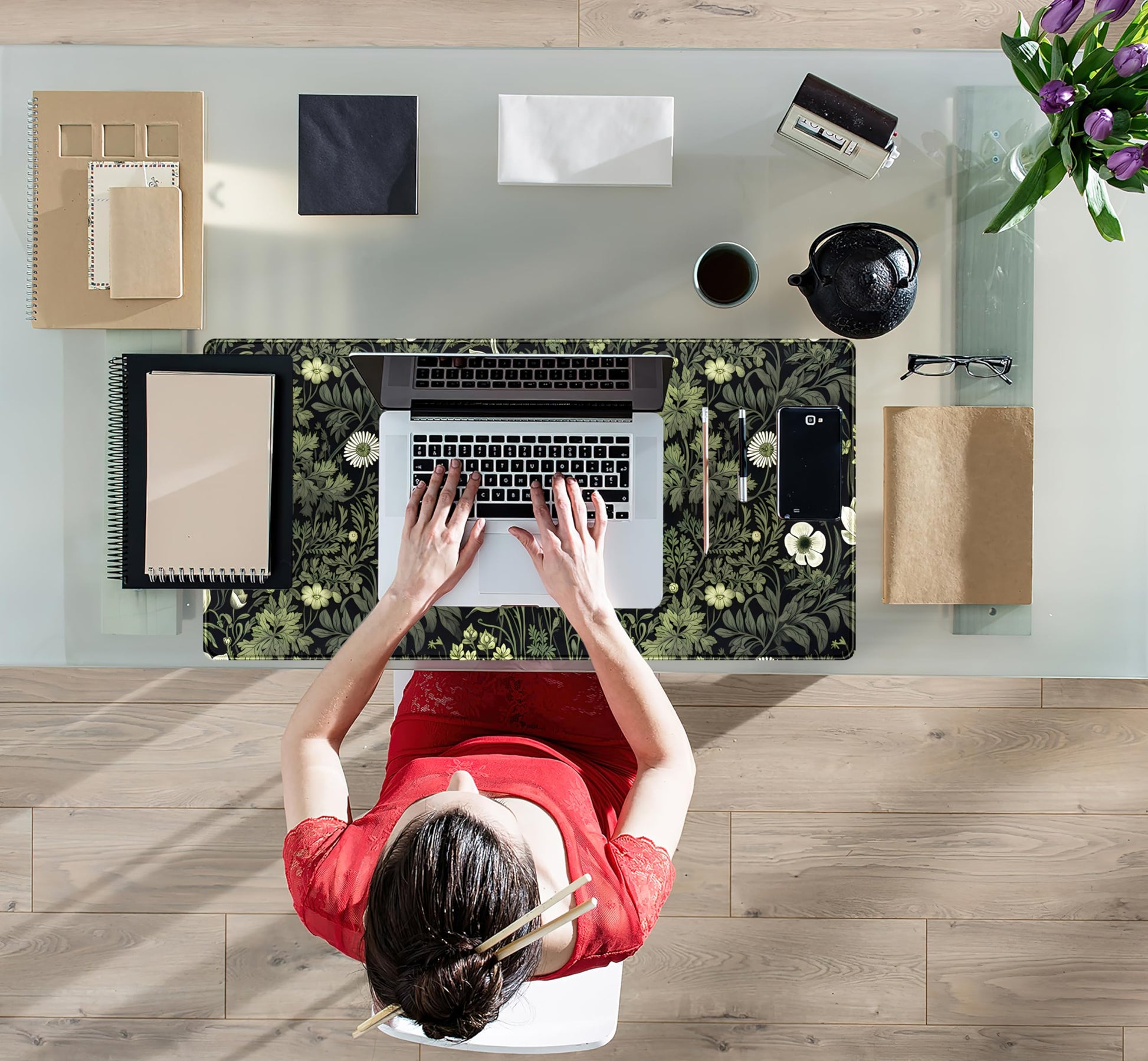 Dark Green Floral Plants XXL Gaming Mousepad & Desk Pad - Nature Leaf Flower Laptop Keyboard Mat