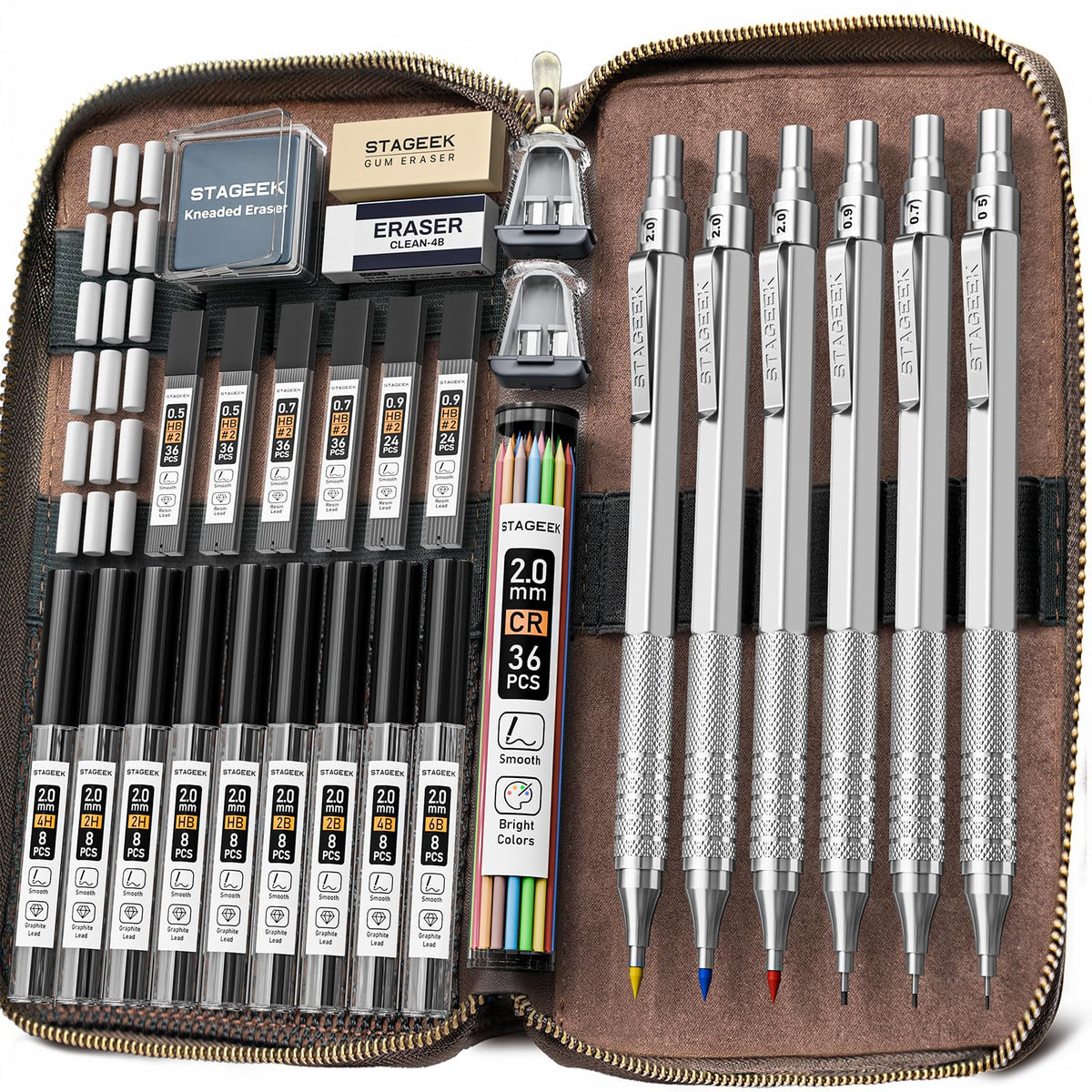 STAGEEK 30Pcs Silver Metal Mechanical Pencil Set with Leather Case