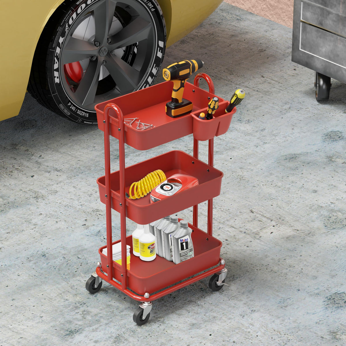 Simple Houseware 3-Tier Rolling Utility Cart with Hanging Bucket, Red