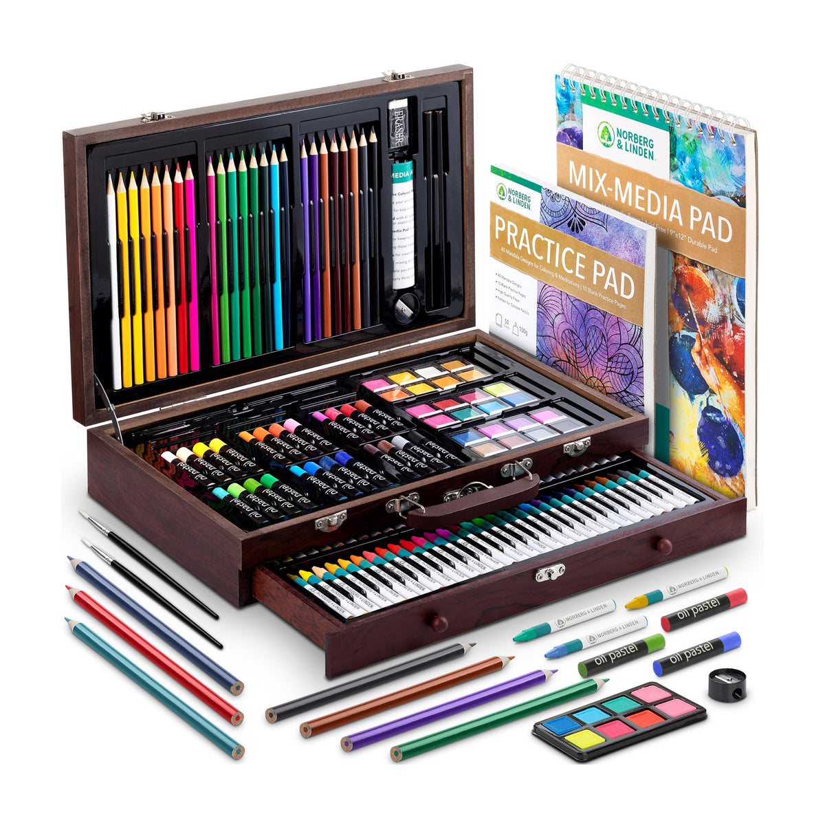 Norberg & Linden 144-Piece Art Set in Wooden Box with Drawer - Art Set for Adults, Teens, Kids