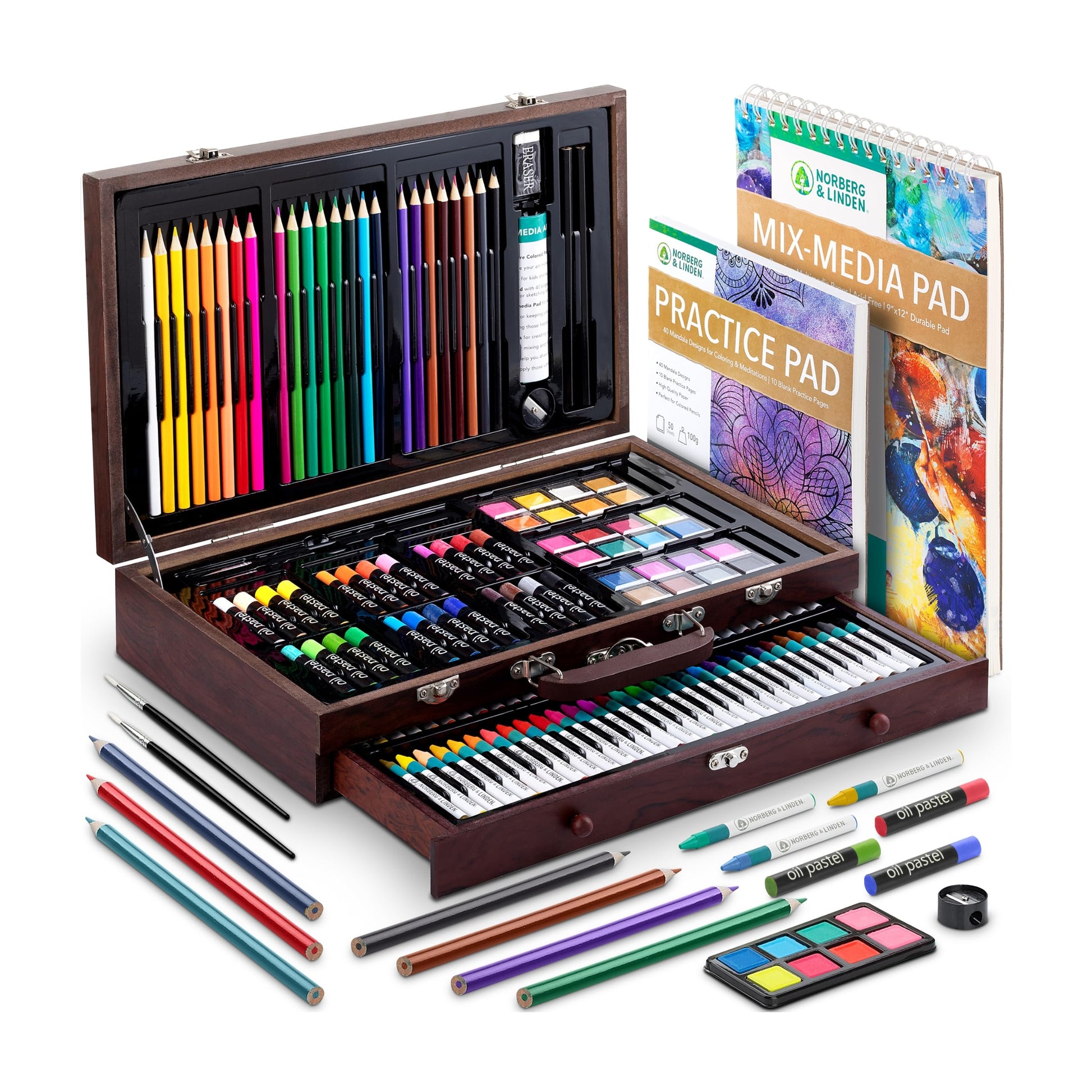 Norberg & Linden 144-Piece Art Set in Wooden Box with Drawer - Art Set for Adults, Teens, Kids