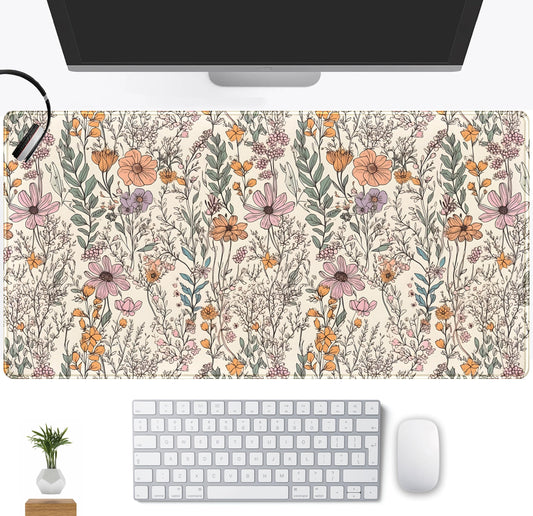 Wild Flowers Gaming Mouse Pad, Floral Cute Keyboard Mouse Mat, Full Desk Protector, Aesthetic Desk