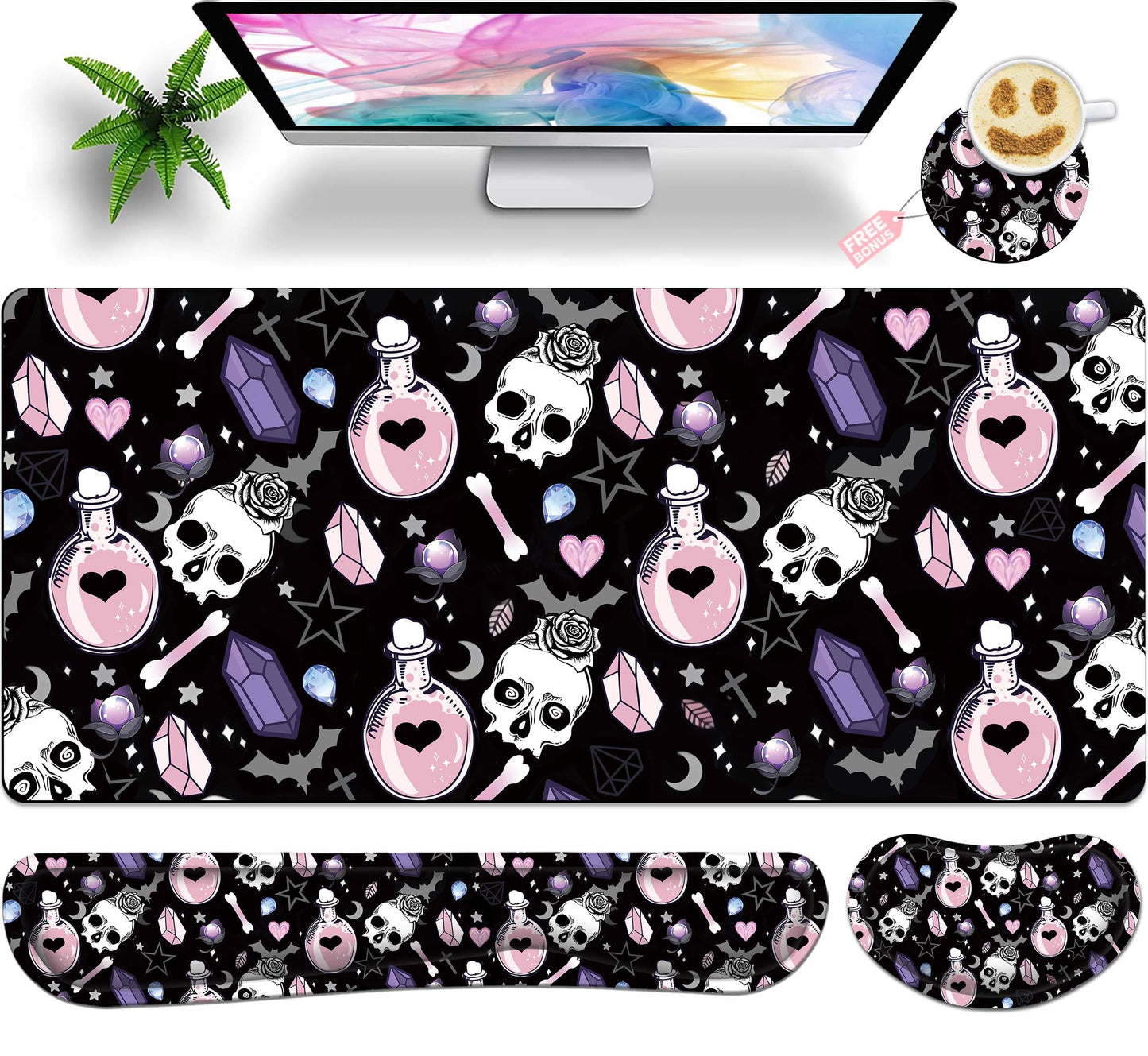 JYCUHTCL Large Gaming Mouse Pad Set 35.4 x 15.7 with Keyboard Wrist Rest, Wrist Support, and