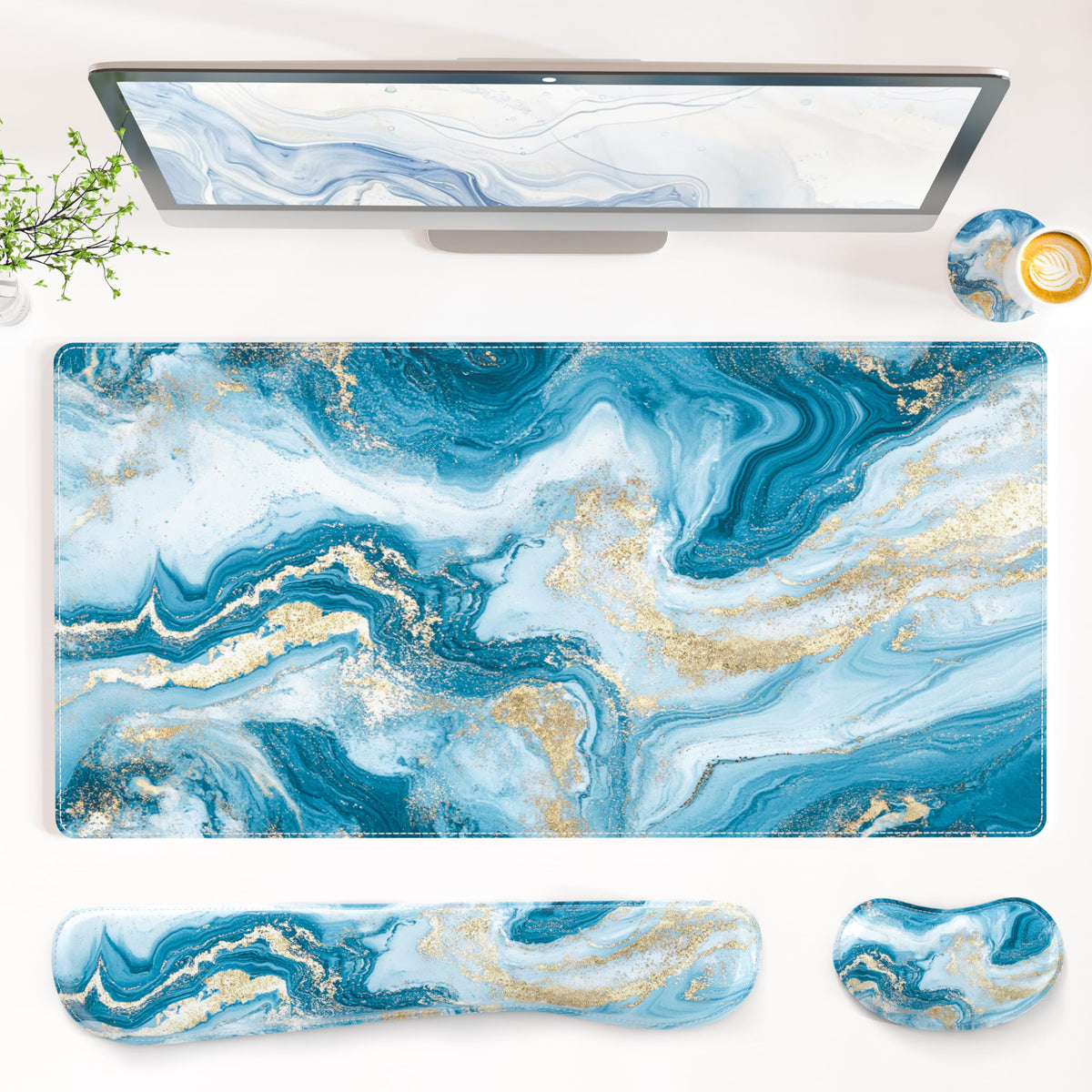QiyI PU Leather Desk Mat Set, 4-in-1 Ergonomic Wrist Rest, Blue Fluid Art