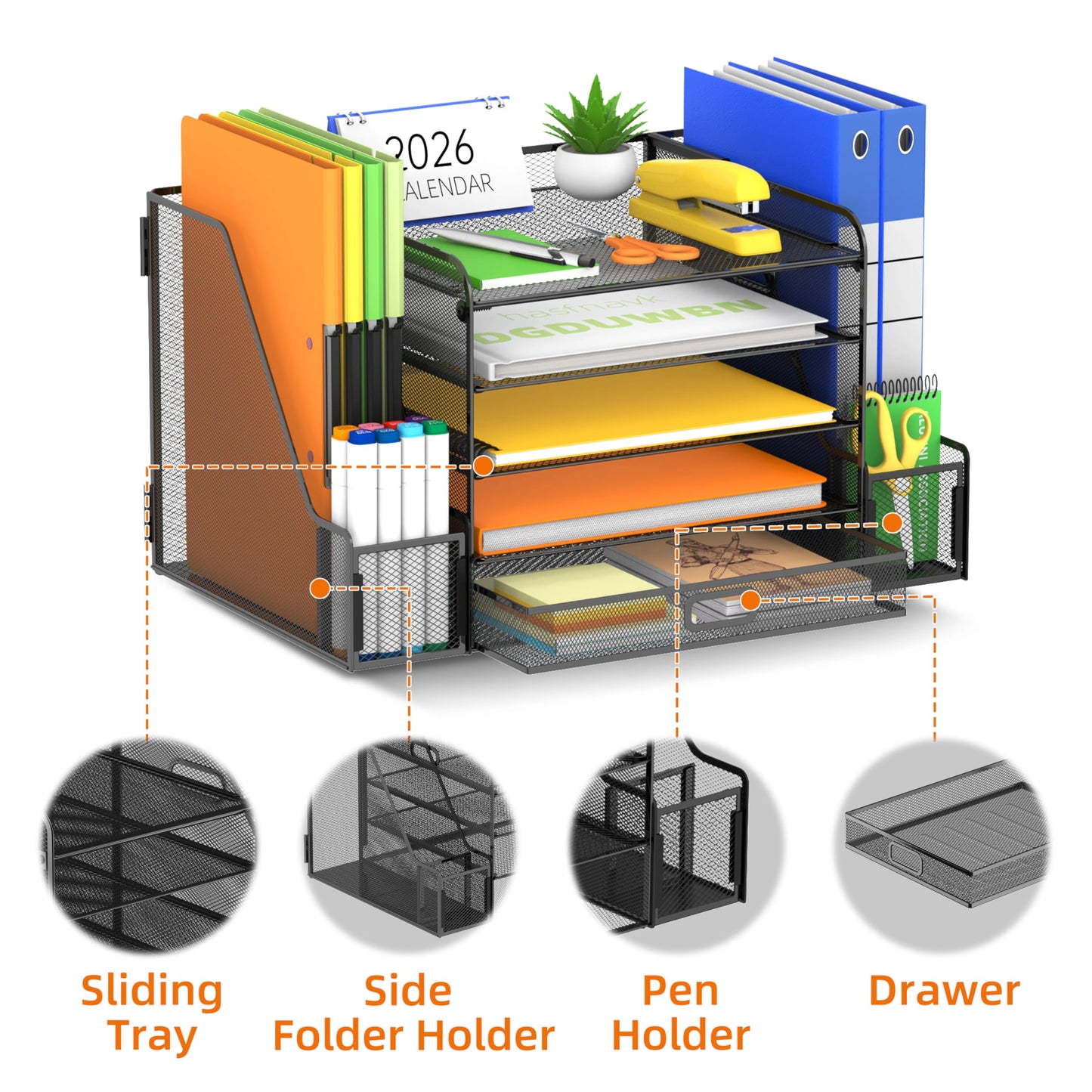 SUPEASY Mesh Desk Organizer with File Holder, 5-Tier Paper Letter Tray Organizer with Magazine