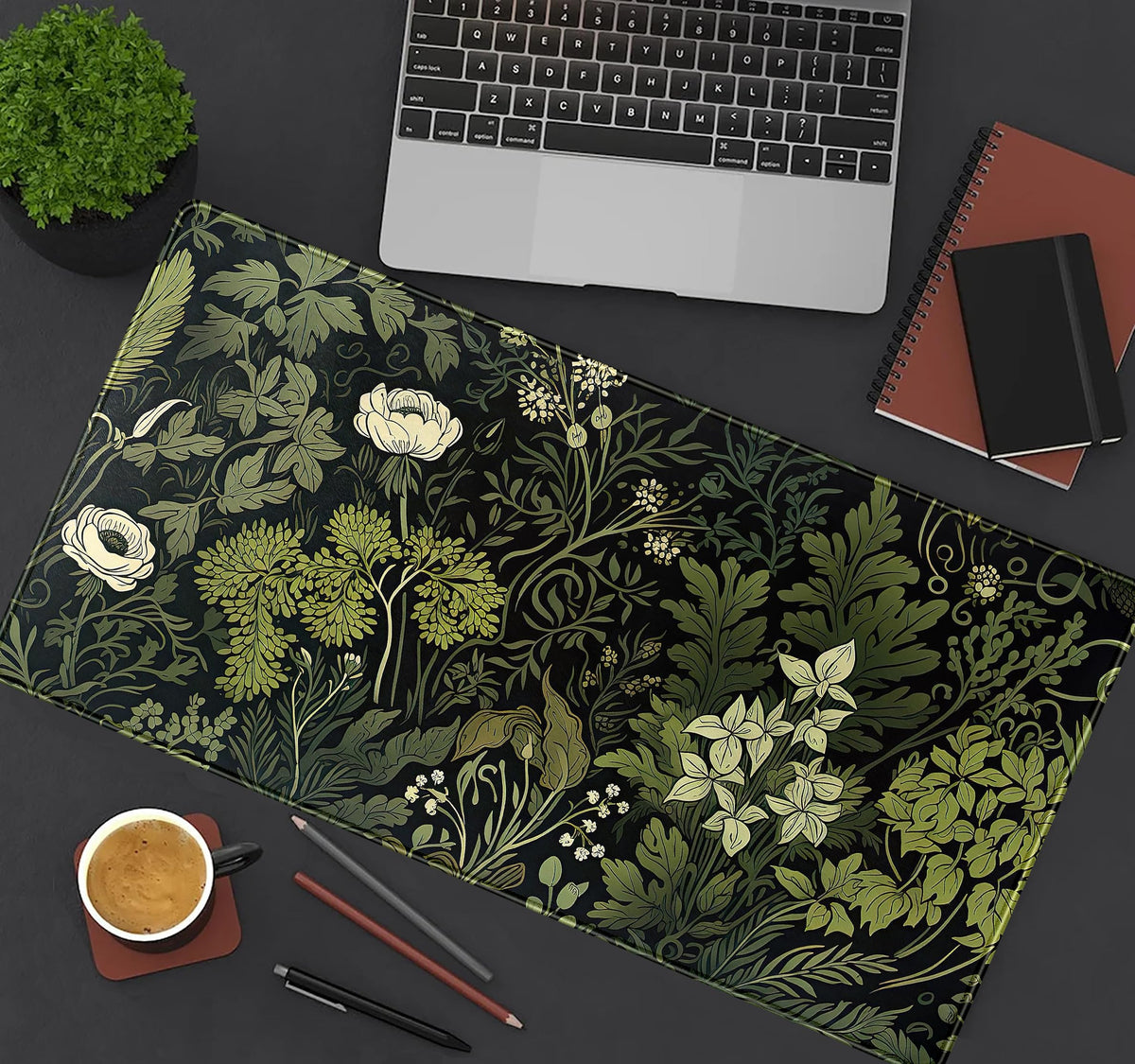 Green Leaves Beige Plants Pad, Large Extend Mouse Pad XXL, Freshness Foliage Keyboard Mat, Black