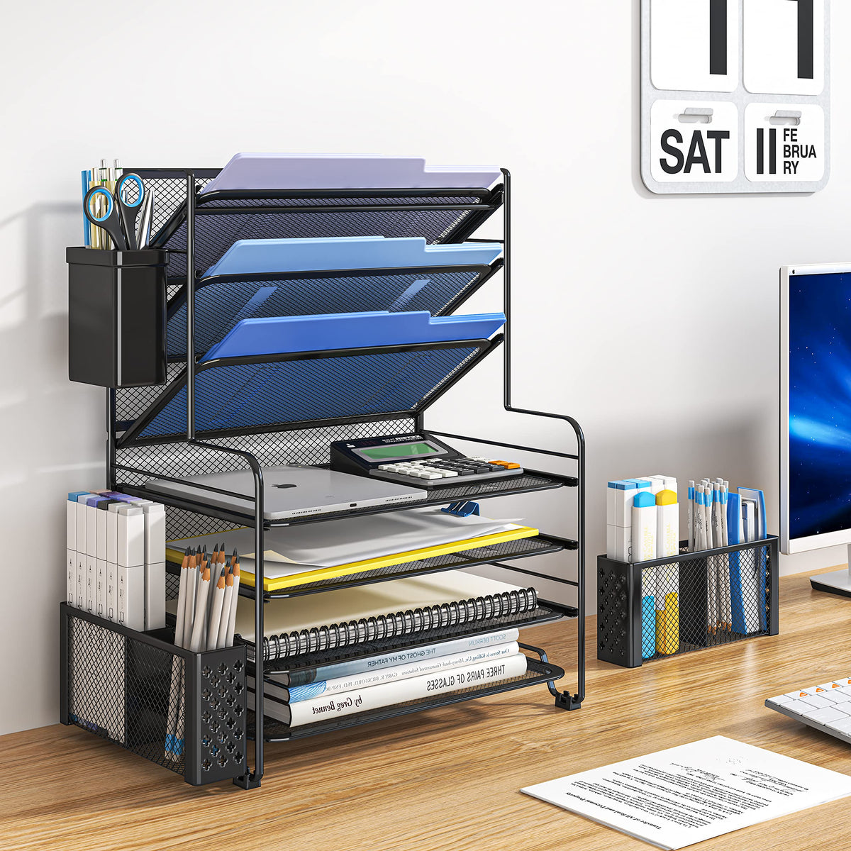 Simple Trending 7 Tier Desk File Organizer, Letter Tray Paper Organizer with Pen Holder and Metal