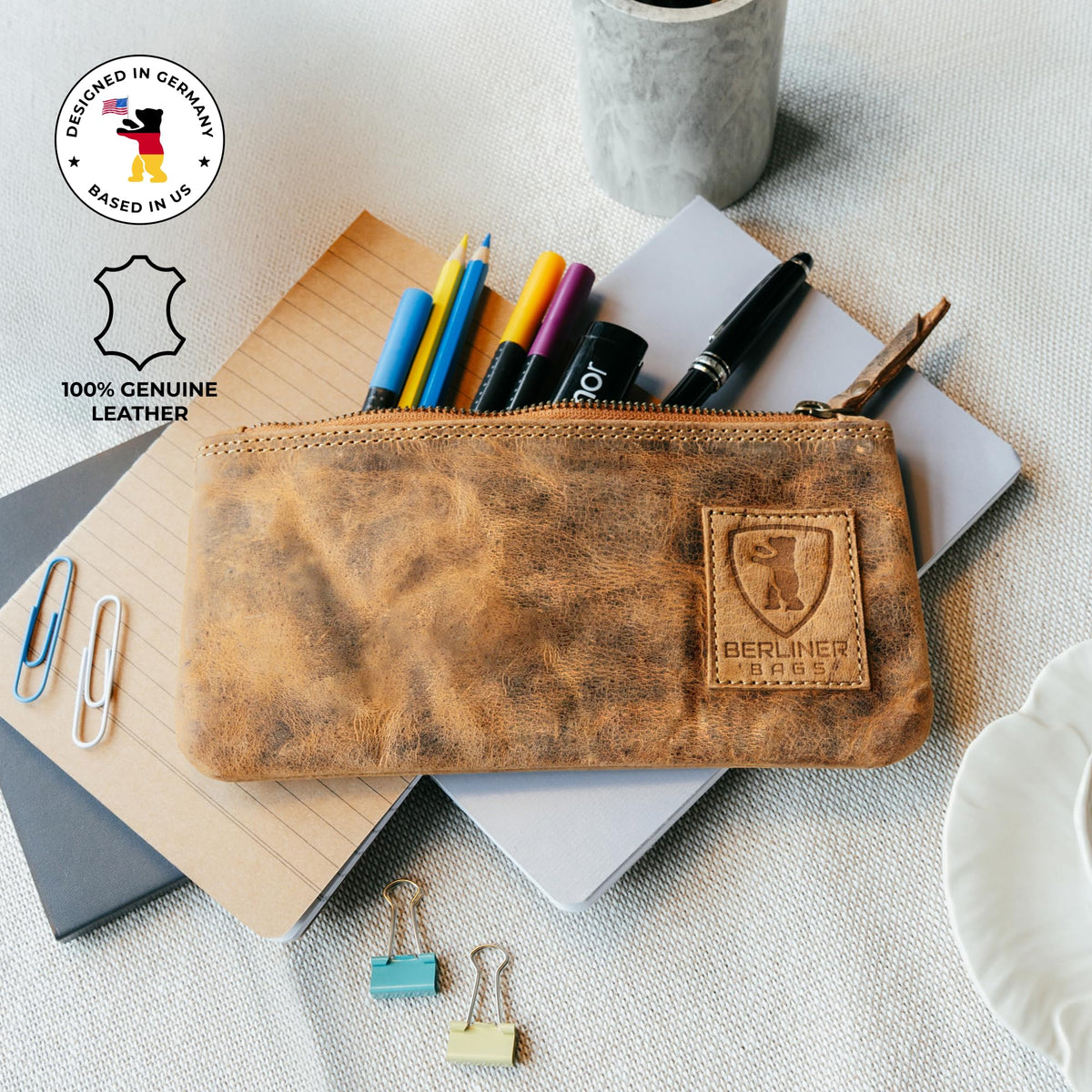 BERLINER BAGS Genuine Leather Pencil Case, Vintage Pen Pouch - Brown