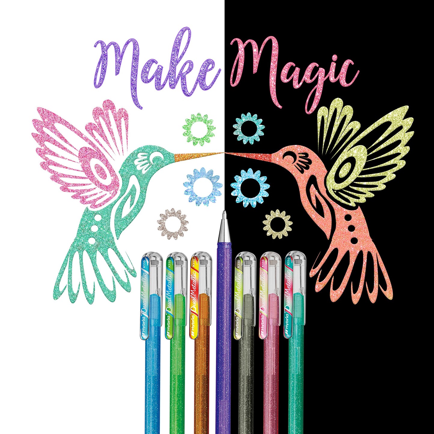 Pentel Hybrid Dual Metallic Liquid Gel Roller Pen YK110/8-M - Pack of 8 Pens in 16 Shimmering