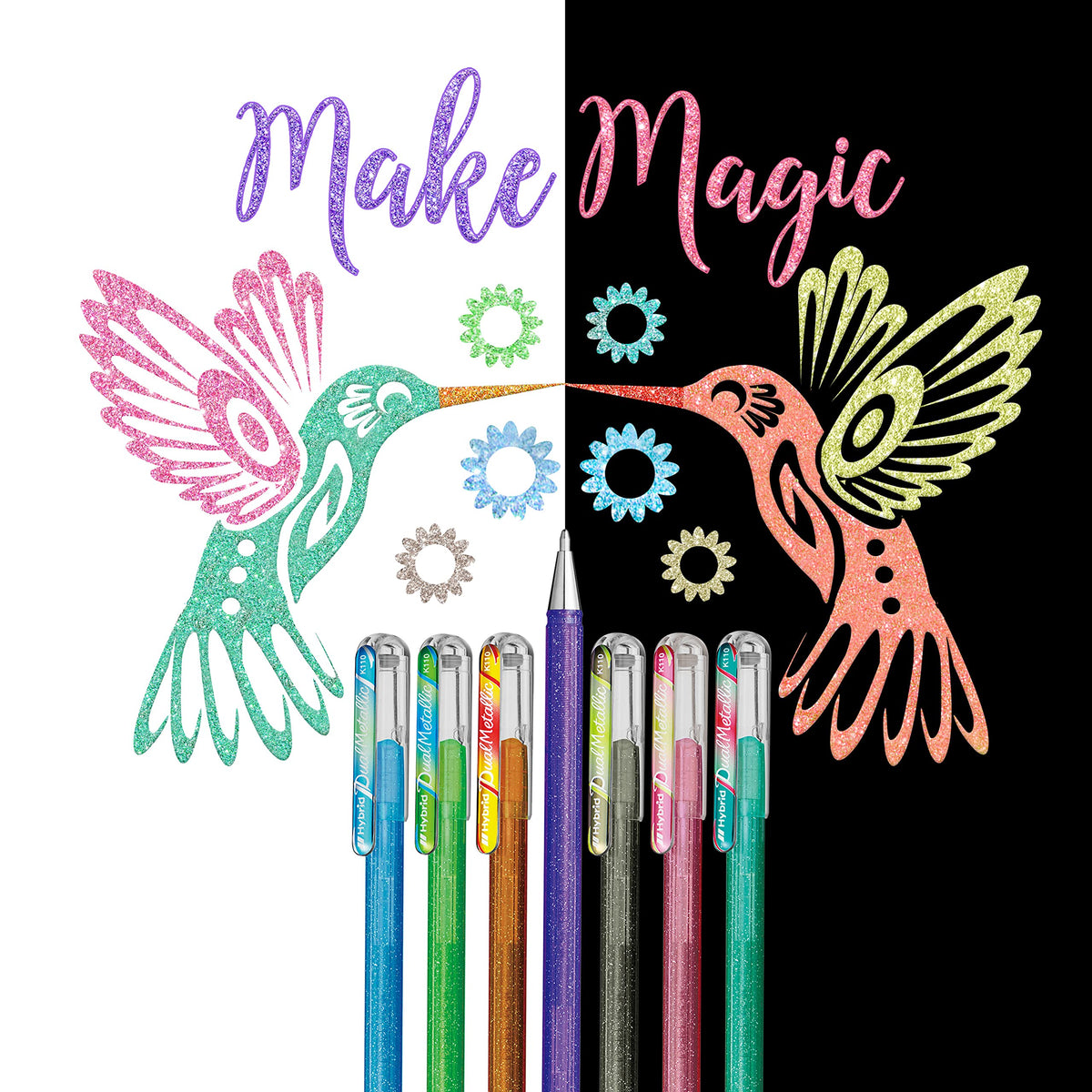 Pentel Hybrid Dual Metallic Liquid Gel Roller Pen YK110/8-M - Pack of 8 Pens in 16 Shimmering