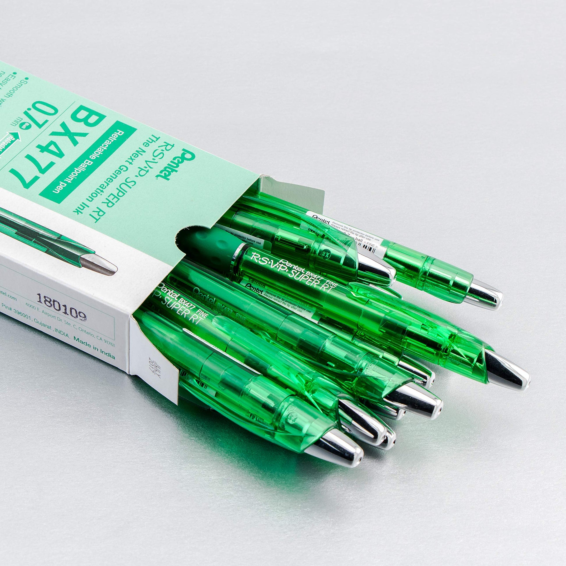 Pentel RSVP Super RT Ballpoint Pen, (0.7mm) Fine Line, Green Ink, Box of 12 (BX477-D)