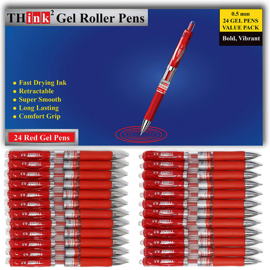 [24 Pens - Red Ink] Think2 Retractable Gel Pens. (24 Red) Fine Point (0.5mm) Rollerball Pens with