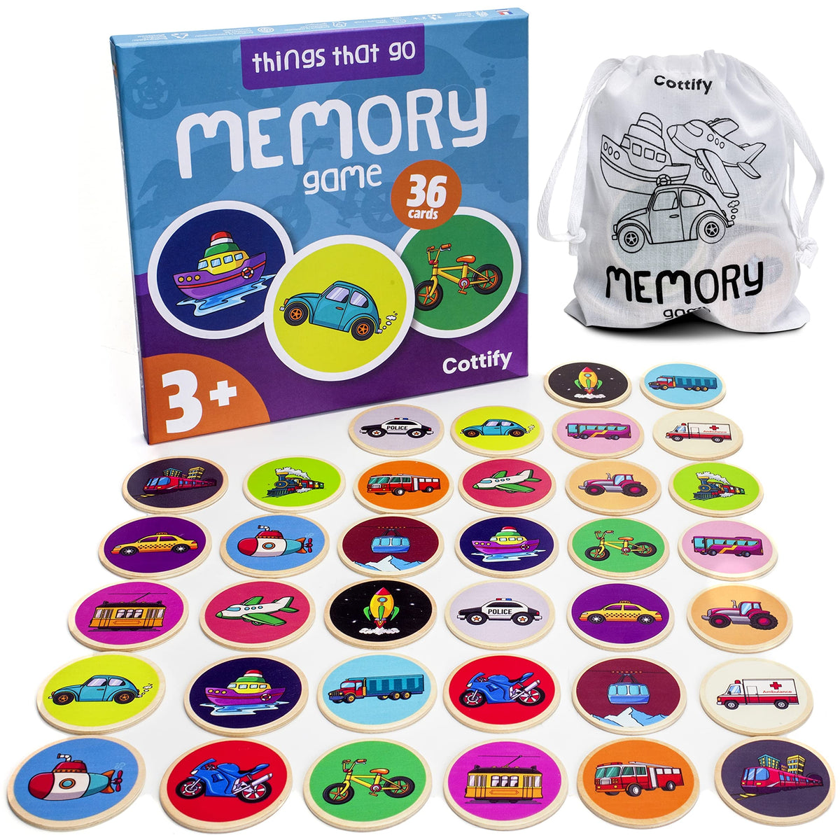 Montessori-Inspired Wooden Matching Game for Toddlers 2-4 Years - Things that Go - Durable
