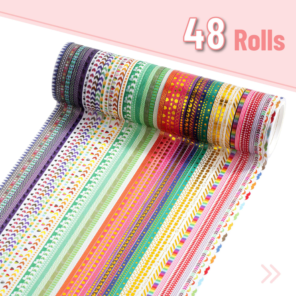 Mr. Pen- Skinny Washi Tape Set, 48 Rolls, Gold Foil Print, 3mm Wide