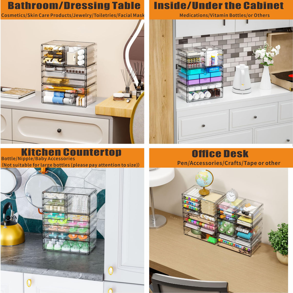 Yieach 3Pack Clear Drawer Organizers Stackable,Acrylic Storage Drawers With 10 Drawers,Multipurpose