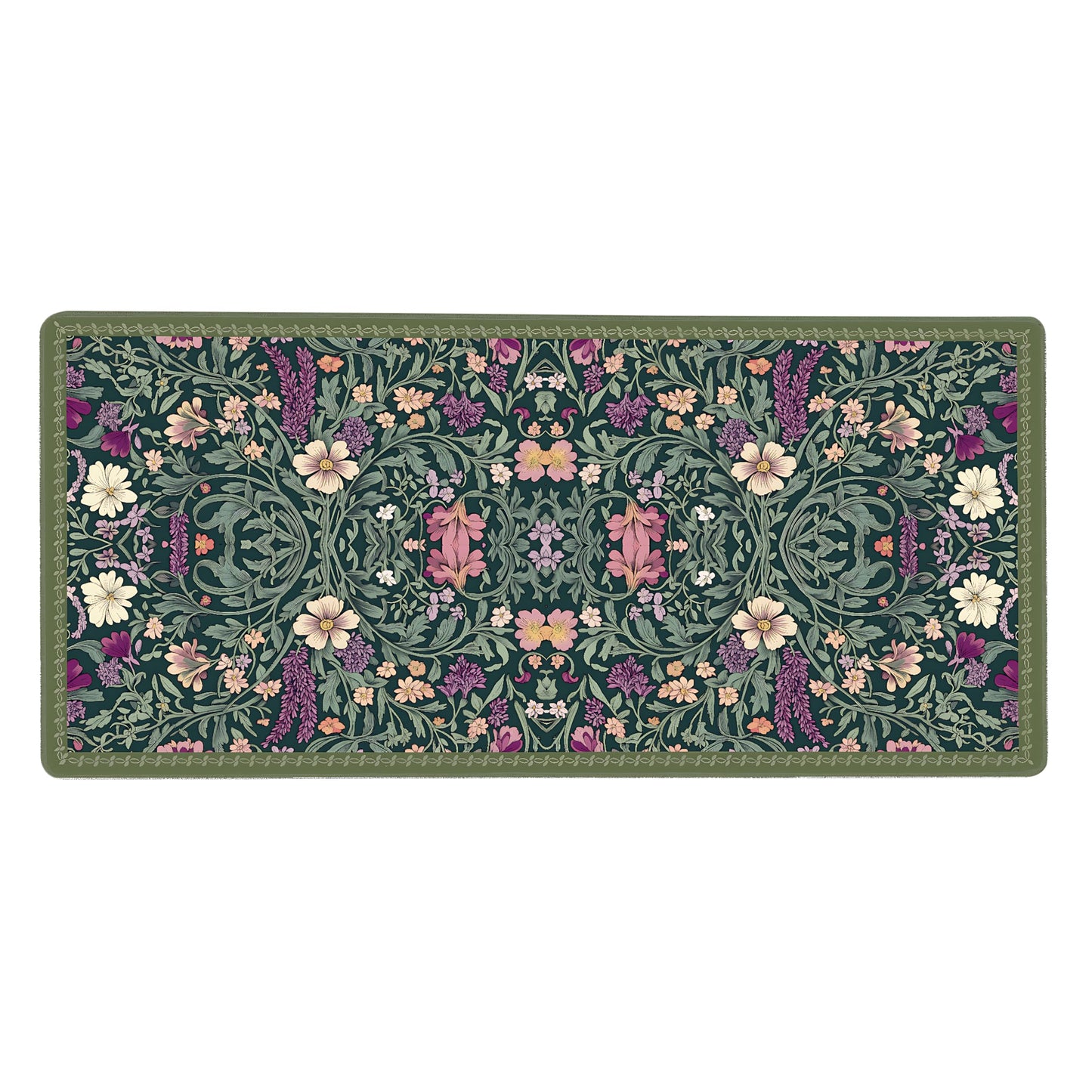 Cute Floral Aesthetic Lavender Gaming Mouse Pad, Dark Green Rug Desk Mat with Anti-Slip Base &