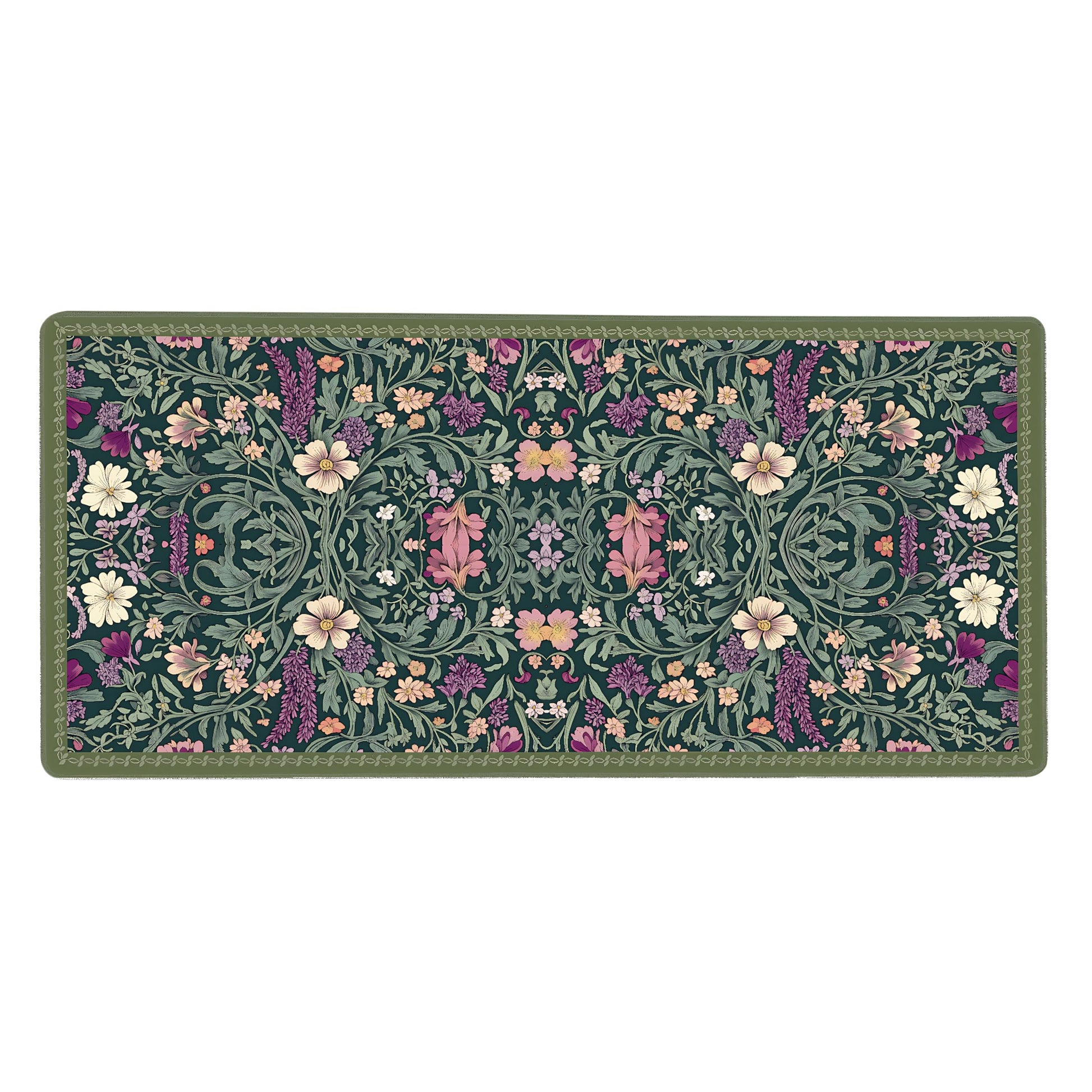 Cute Floral Aesthetic Lavender Gaming Mouse Pad, Dark Green Rug Desk Mat with Anti-Slip Base &