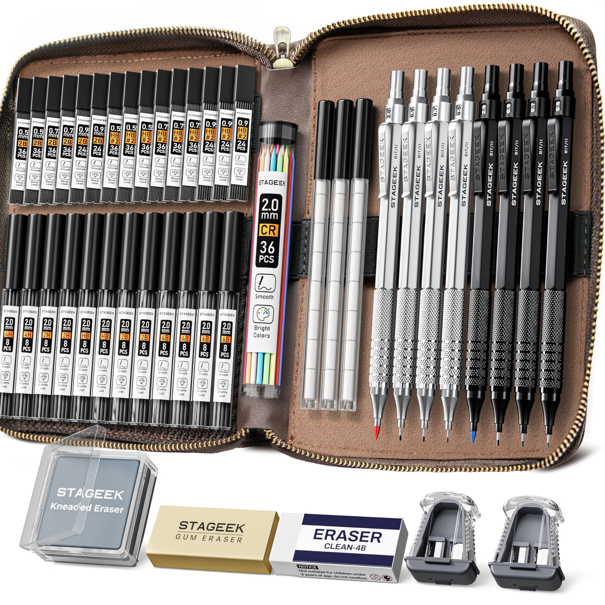 STAGEEK 45PCS Black & Silver Metal Mechanical Pencil Set in Leather Case