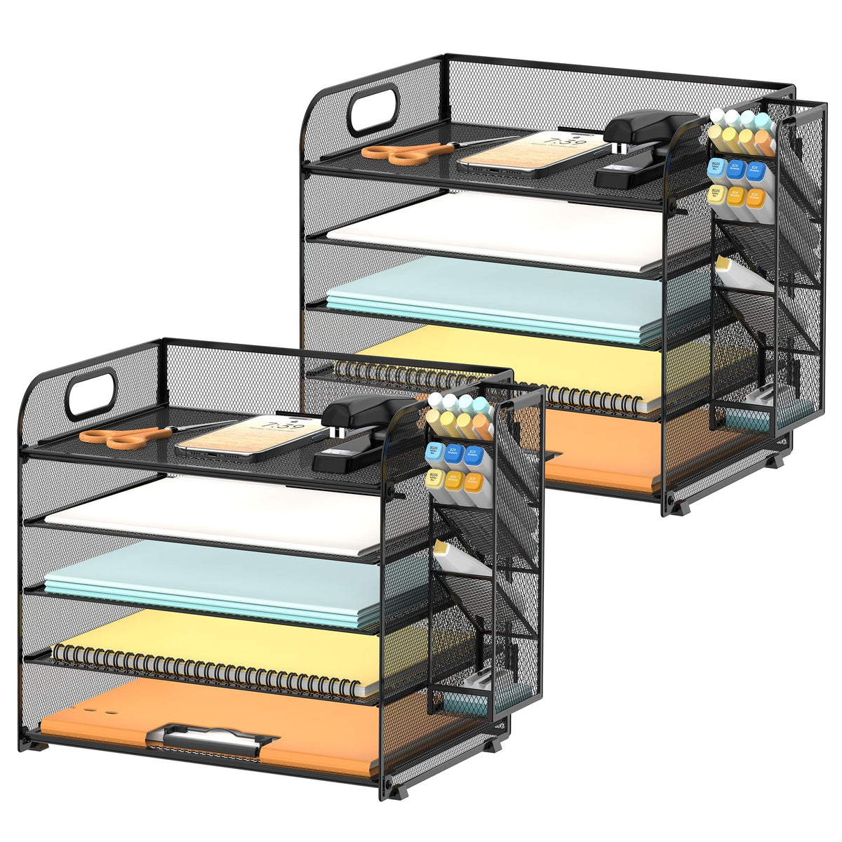 5-Tier Paper Organizer for Desk with Pen Holders, 2-Pack, Black