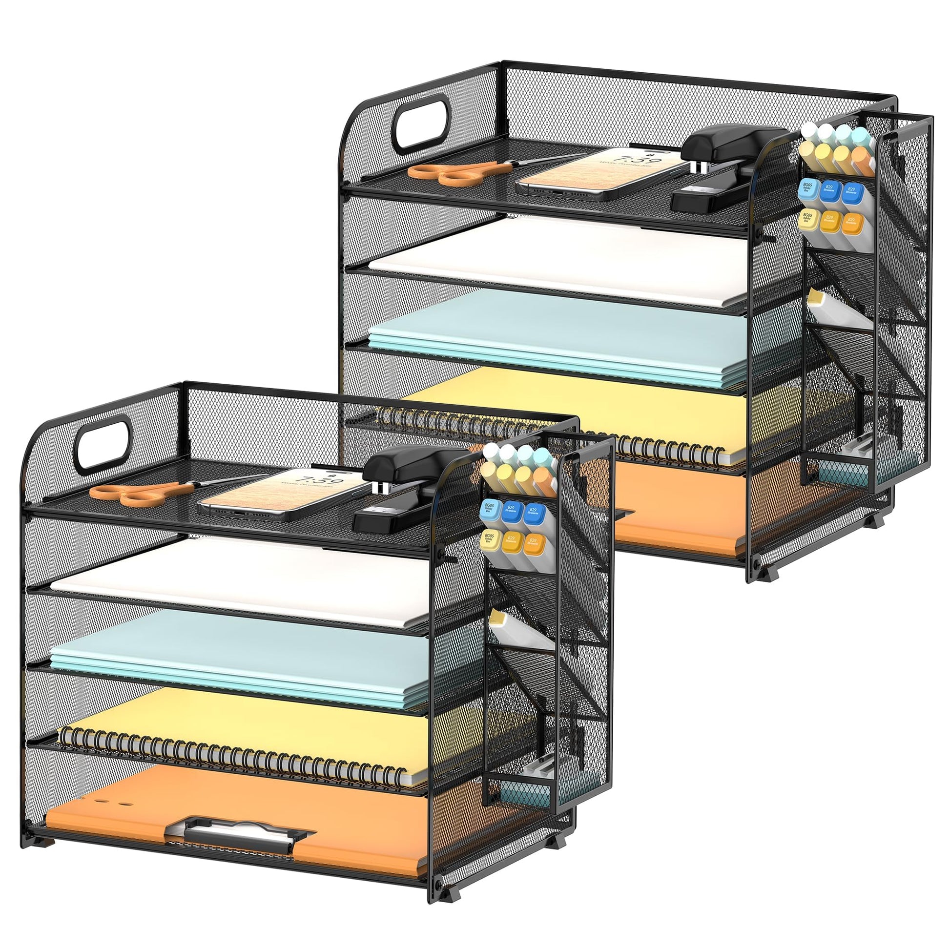 5-Tier Paper Organizer for Desk with Pen Holders, 2-Pack, Black