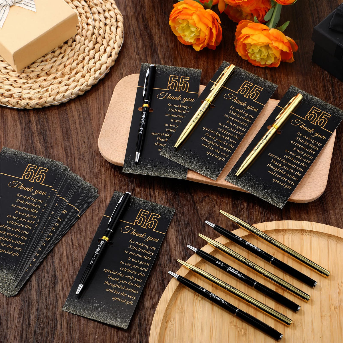Feifeiya 55th Birthday Party Favors with Black Gold Pens Thank You Cards