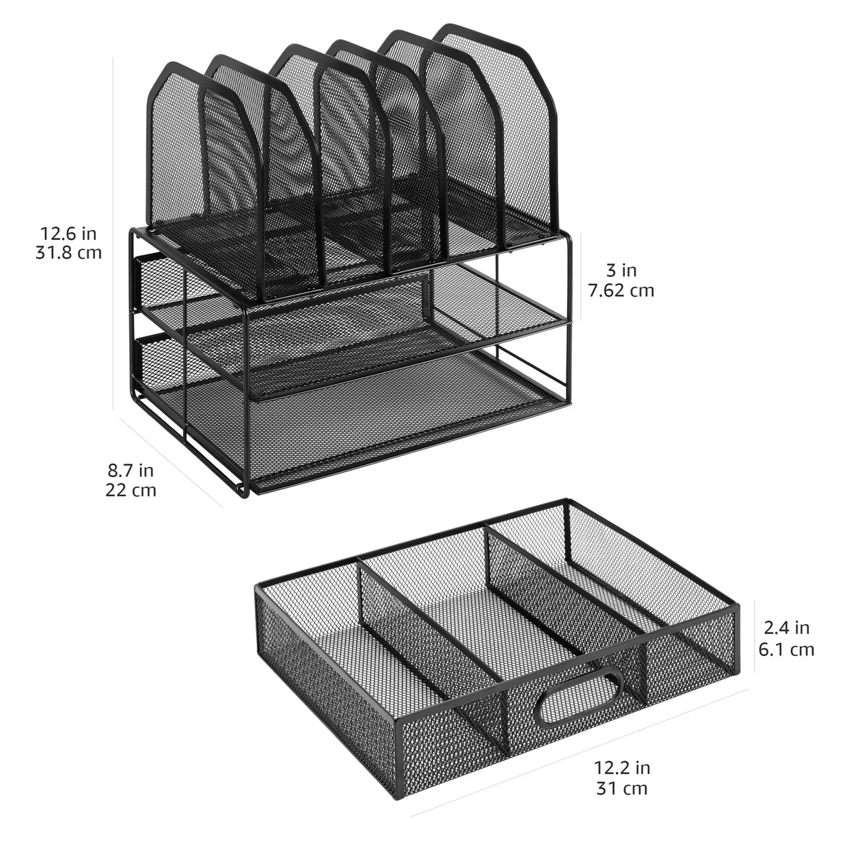Amazon Basics Mesh Desk Organizer with Sliding Drawer, Double Tray and 5 Upright Sections, File