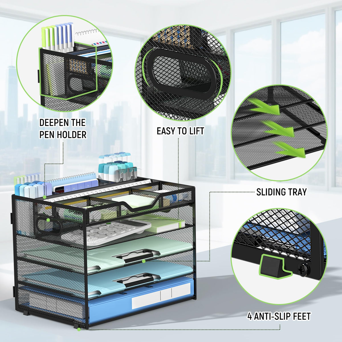 Docnest 5 Tier Mesh Desk Organizer with Removable Tray&Pen Holder, Black