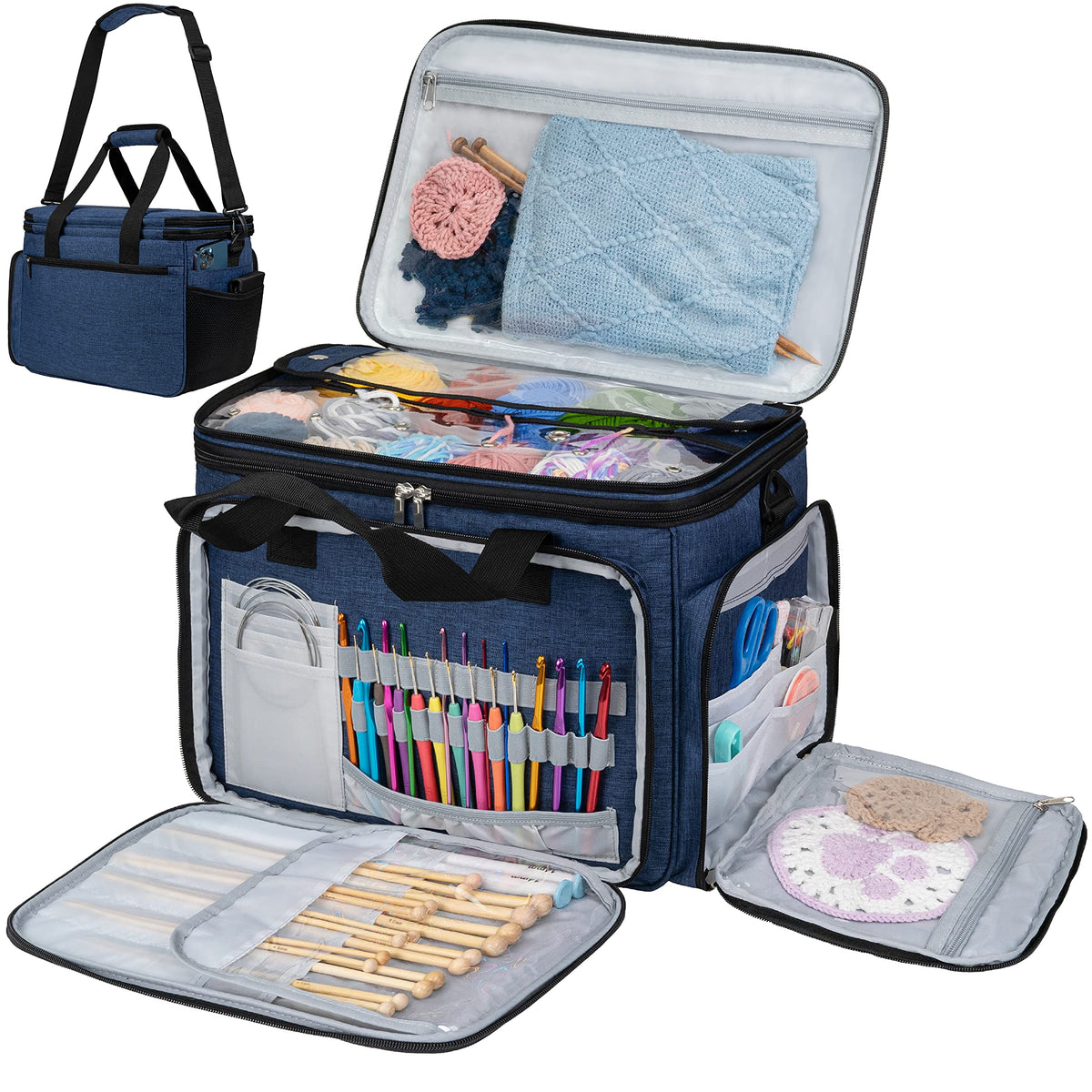 PAVILIA Large Knitting Yarn Storage Bag Crochet Organizer for Knitter, Navy