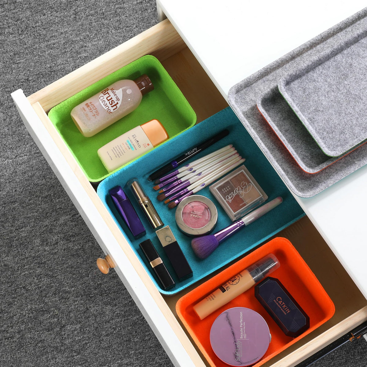 Welaxy 3-Piece Stackable Lidded Felt Desk Drawer Organizer Tray Multi-Color