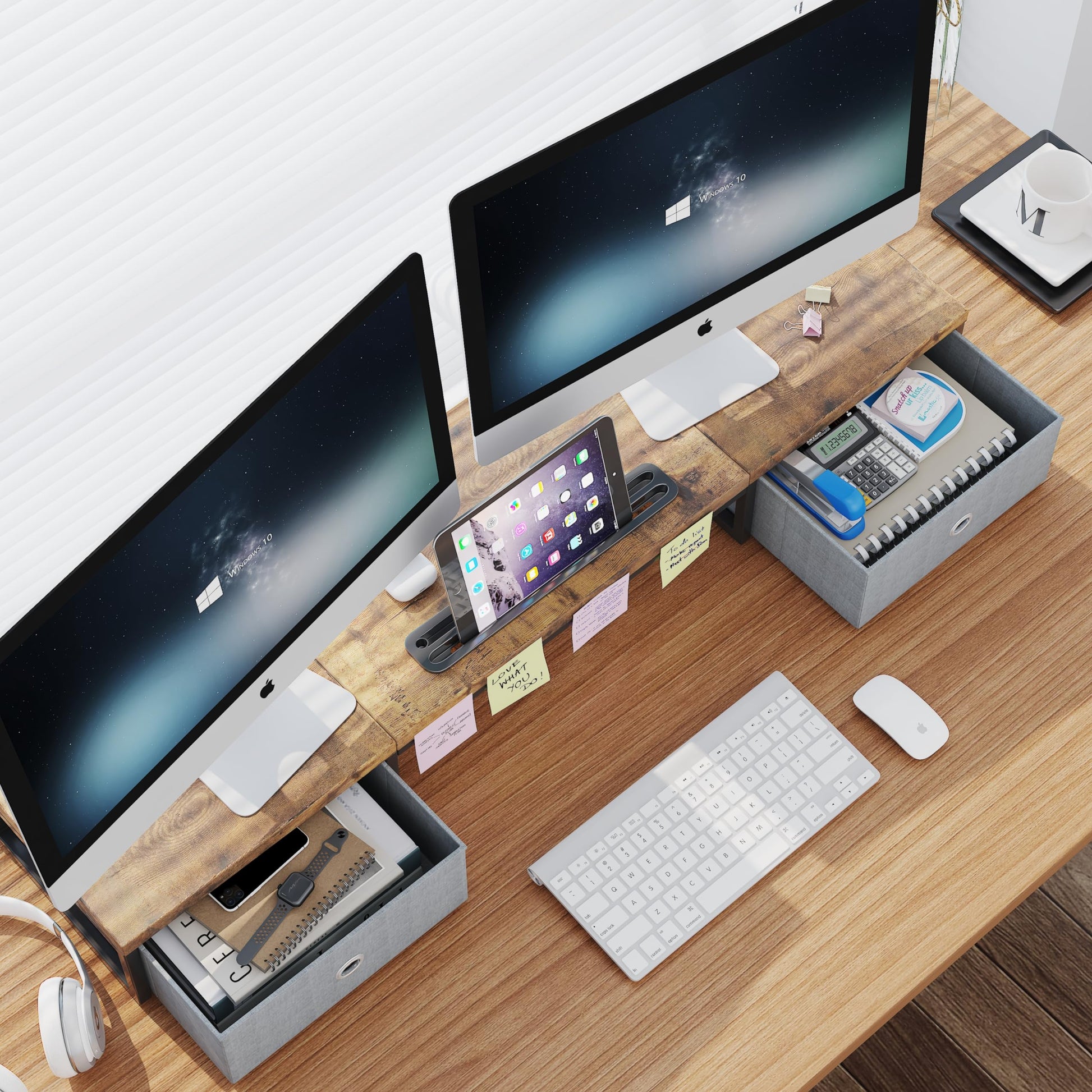 39 Inch Dual Monitor Stand Riser with 2 Drawers - Large Brown Wooden Computer Stand for 2 Monitors