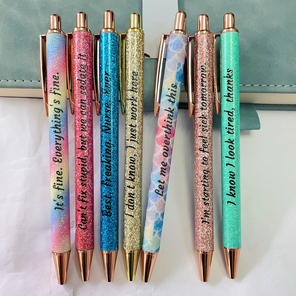 Jxueych 7 Piece Shiny Metal Ballpoint Pens Set - Funny Sarcastic Quotes for Nurses, Office & Gifts