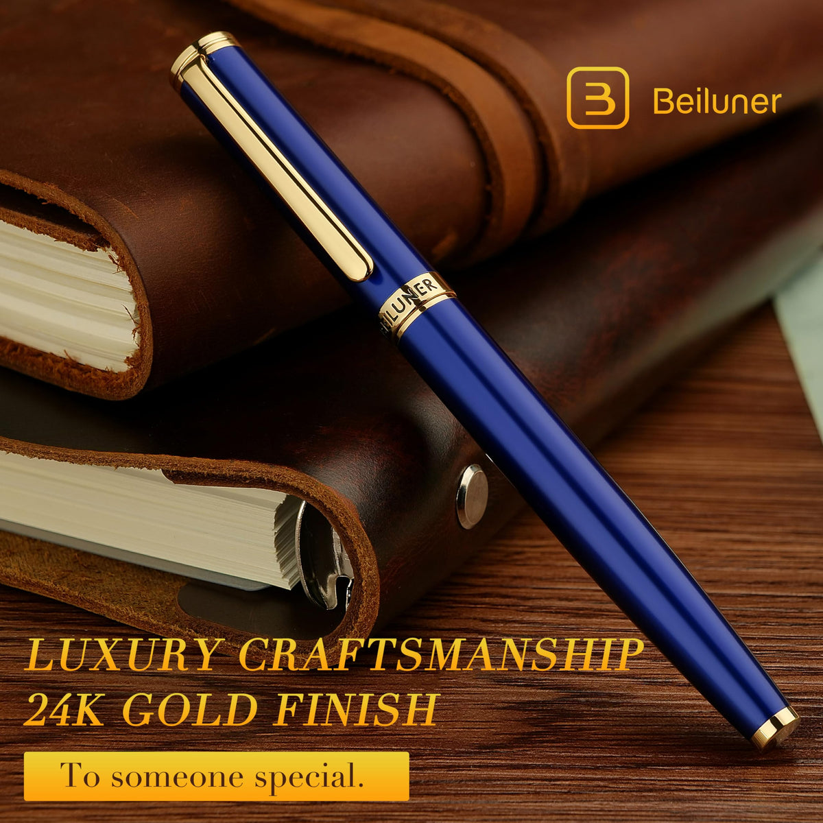 BEILUNER Blue Fountain Pen,Stunning Luxury Pens with 24K Gold Finish, Gorgeous 24K Gilded