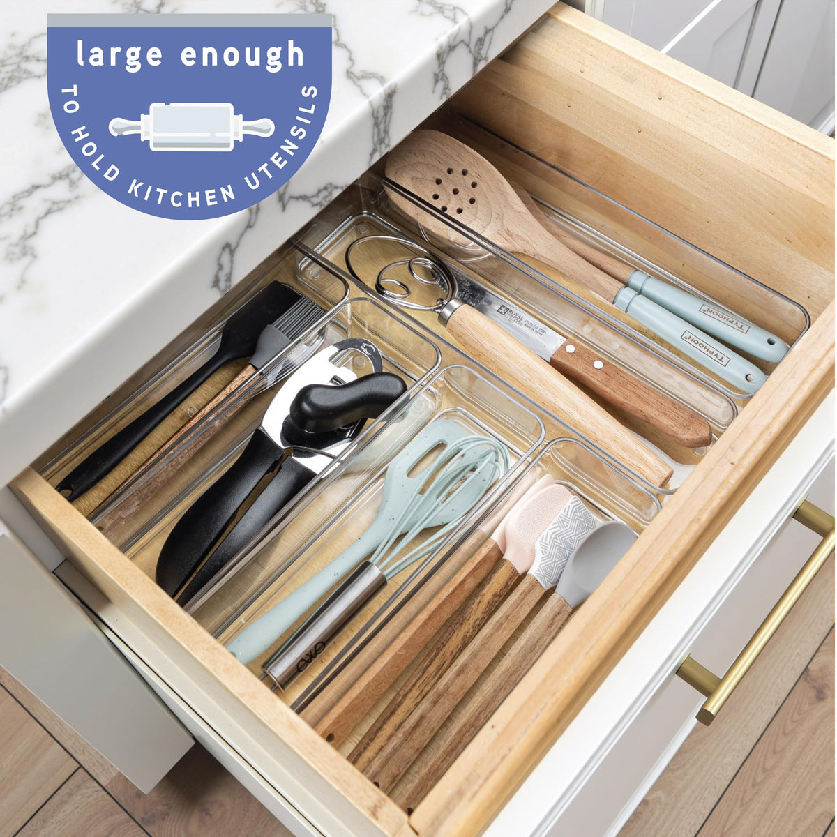 primebox Six Pcs. Plastic Clear Drawer Organizers. Stackable Storage Trays for Kitchen Utensils and