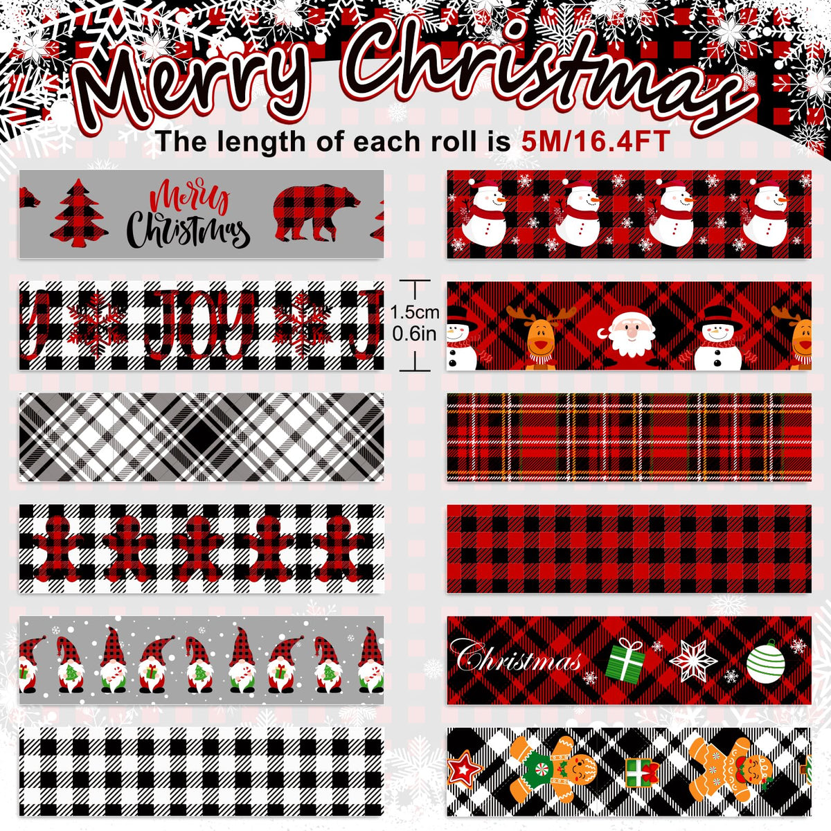 Whaline 12 Rolls Merry Christmas Washi Tape Black Red Plaid Washi Masking Tape Gnome Snowman