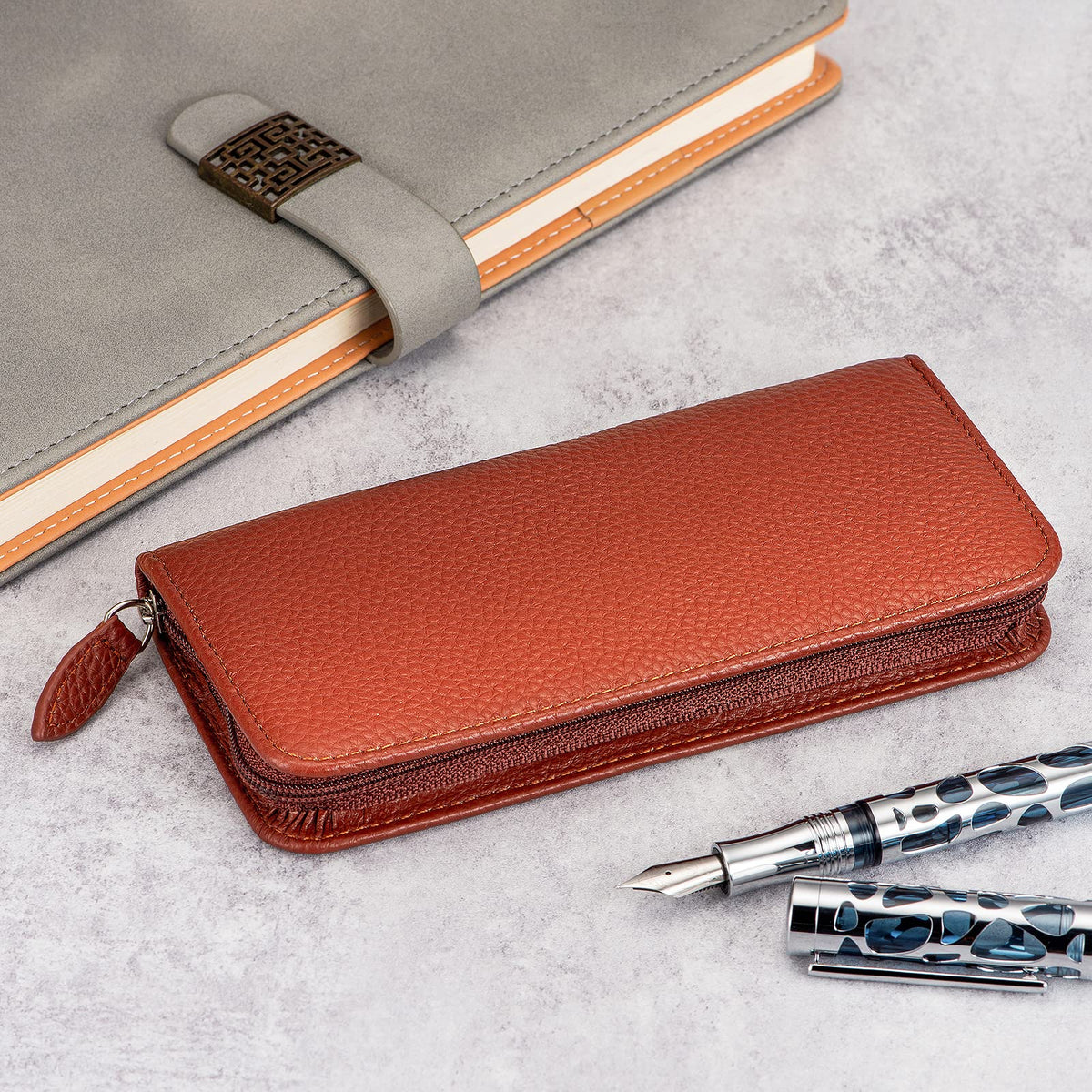 Lanxivi Genuine Leather Fountain Pen Case 3 Divided Slots Coffee Color, Zippered Pen Case Pouch