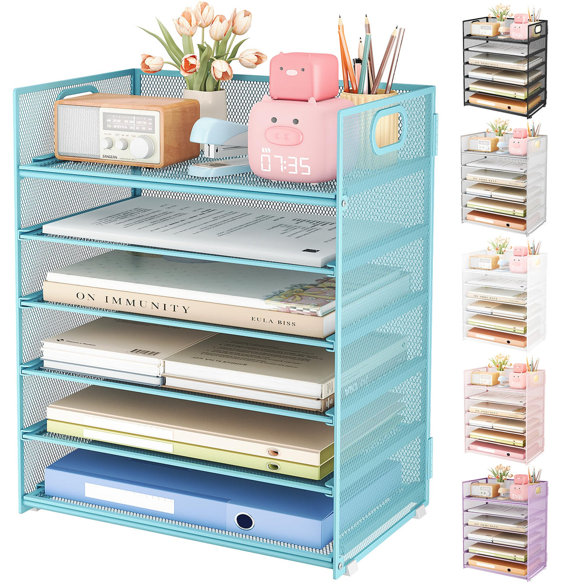 Subekyu 6 Tier Office File Paper Desk Tray Organizer with Handle, Stackable Slide Mesh Letter Tray