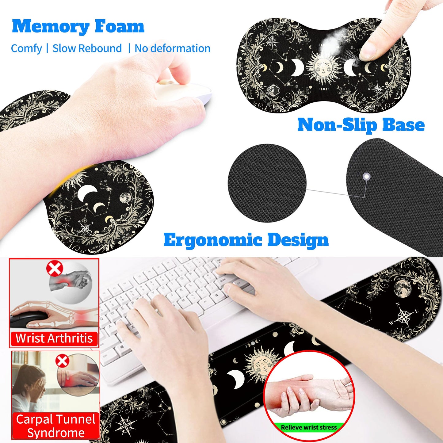 HaoSiTeck 4-Piece Extended Large Mouse Pad Set for Women Men with Moon Face Design Includes 35.4 x