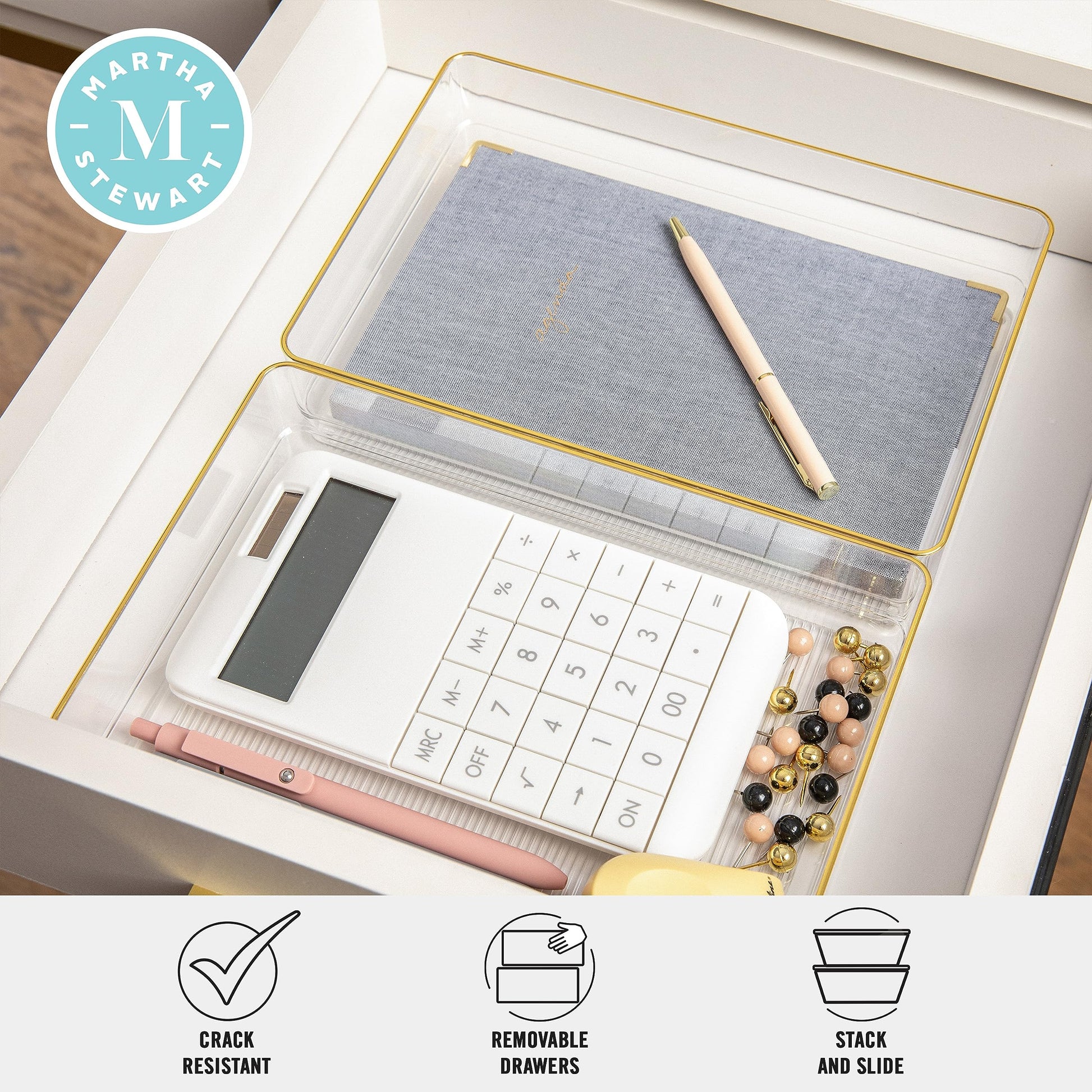 Martha Stewart Kerry Stackable Desk Drawer Organizers, Clear/Gold, 3-Pack