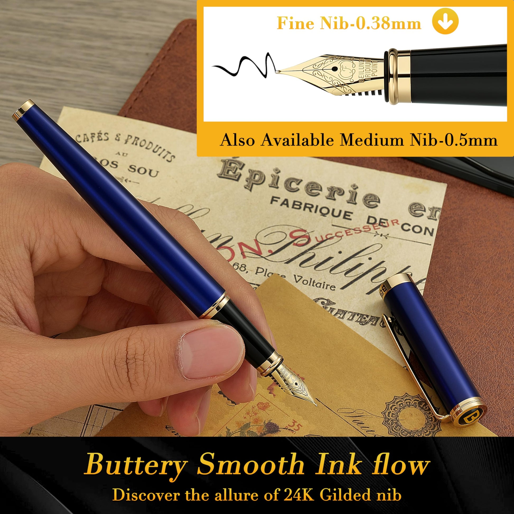 BEILUNER Blue Personalized Fountain Pen,Stunning Luxury Lacquer,24K Gilded Nib(Fine),Gorgeous 24K