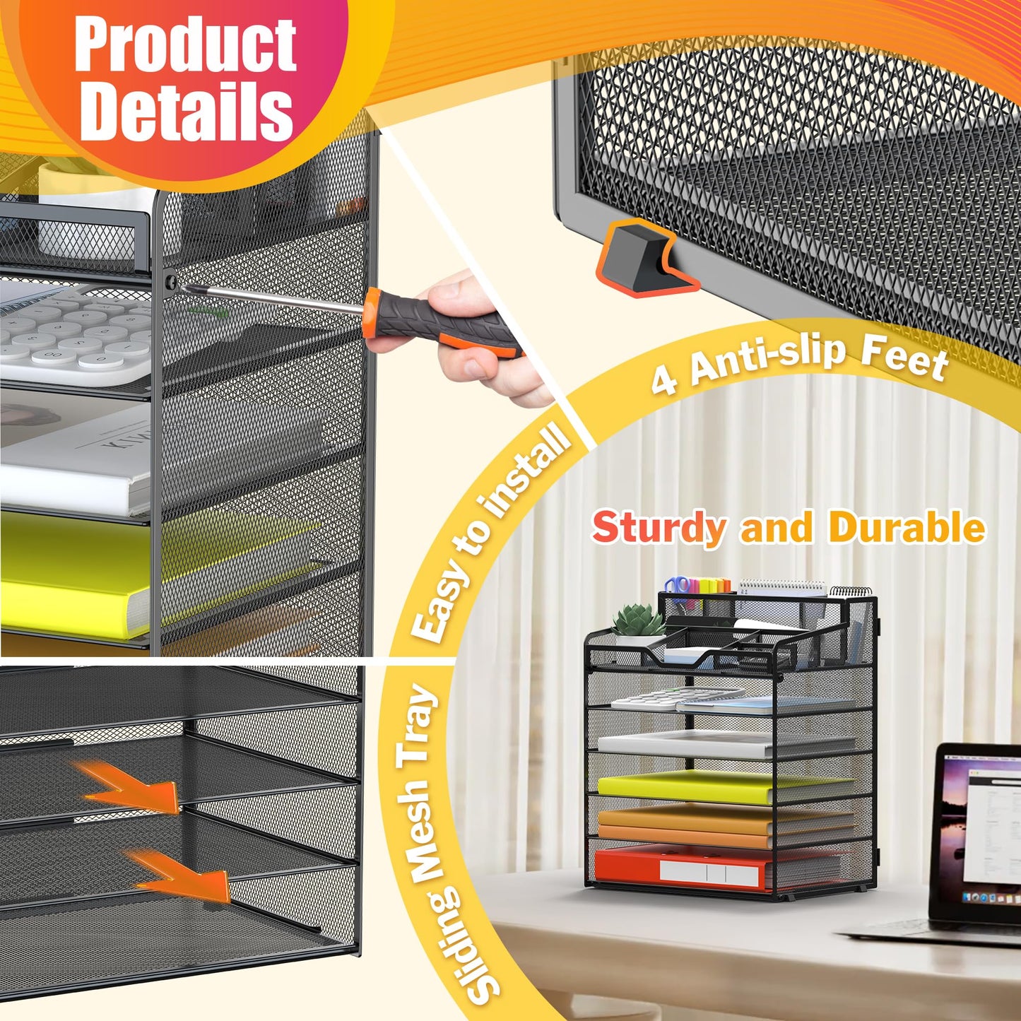 Docnest 6 Tier Mesh Desk Organizer with Letter Tray & Paper Sorter, Black