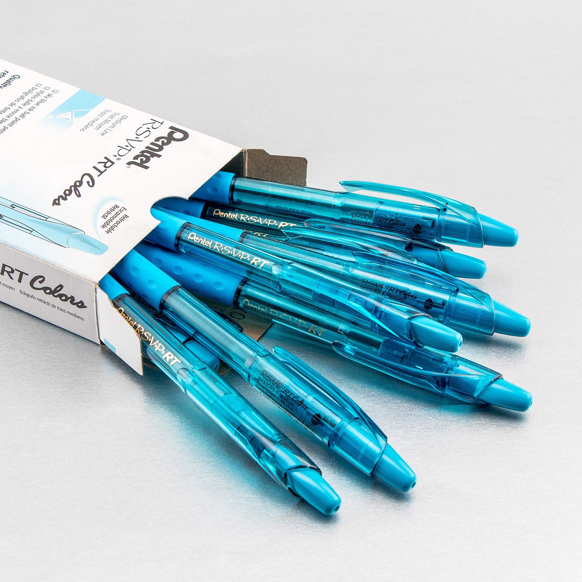 Pentel RSVP RT Colors Retractable Ballpoint Pen, (1.0mm) Medium Line, Barrel, Sky Blue Ink, Box of