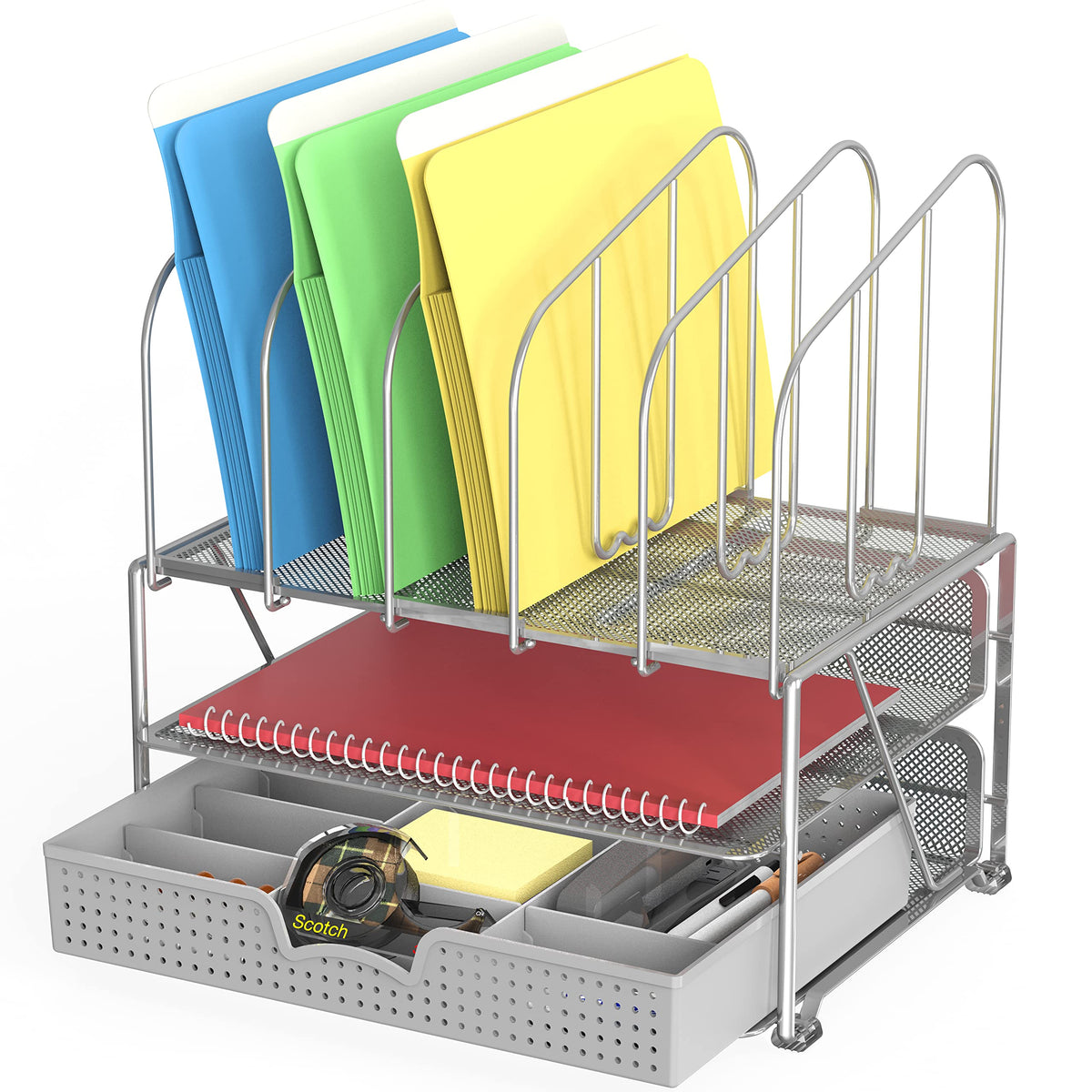Deco Brothers Mesh Desk Organizer with Double Tray, 5 Upright Section, Gray