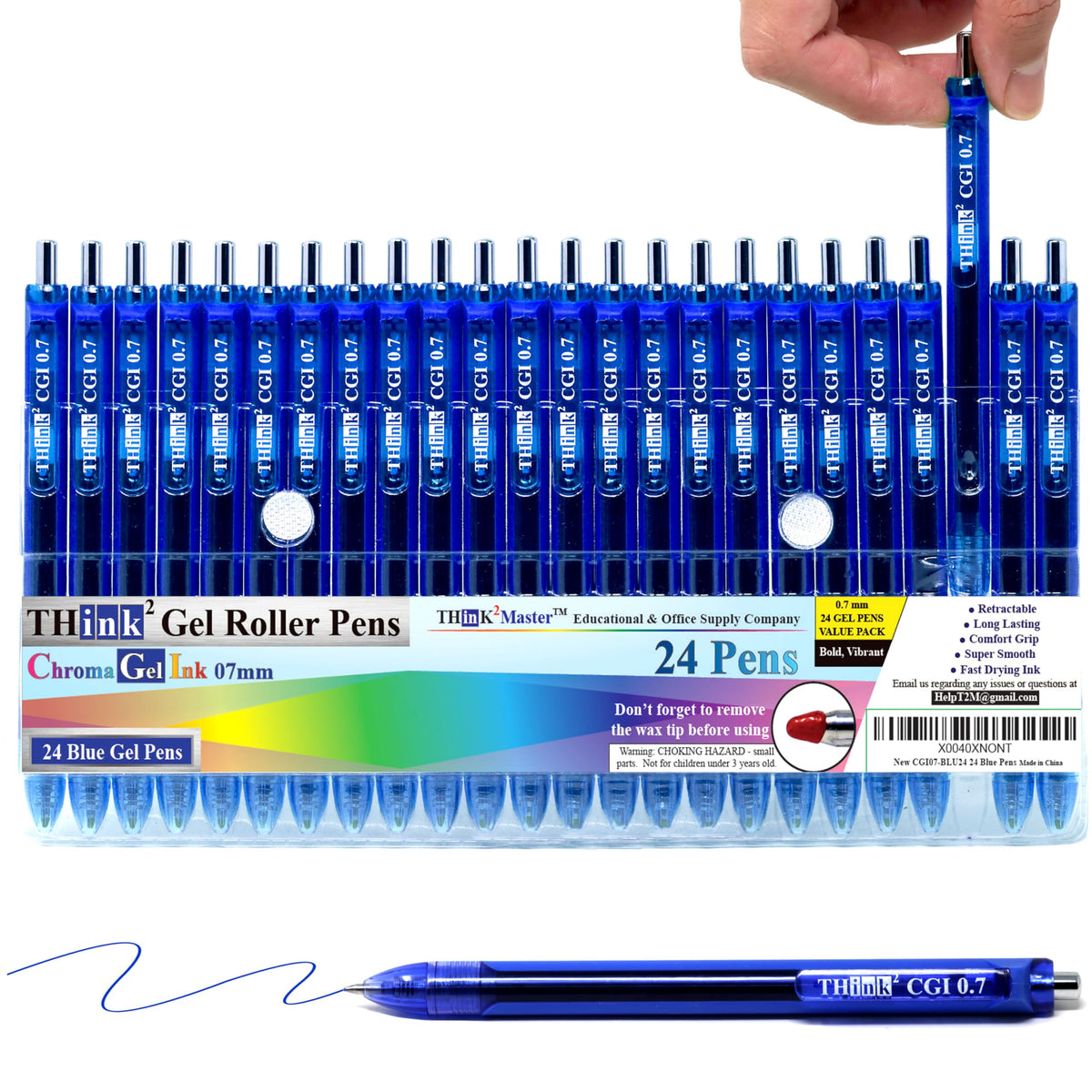 [24 Pens - Blue Ink] Think2 0.7mm CGI Retractable Gel Pens. (24 Blue) Medium Point Rollerball Pens