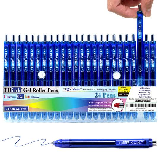 [24 Pens - Blue Ink] Think2 0.7mm CGI Retractable Gel Pens. (24 Blue) Medium Point Rollerball Pens
