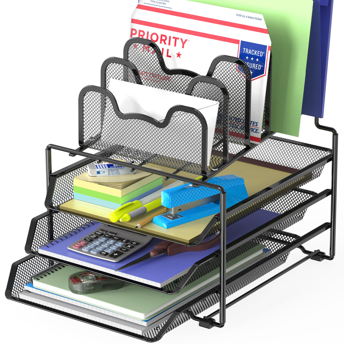 Simple Houseware Desk Organizer, 3 Sliding Tray & 5 Stacking Section, Black