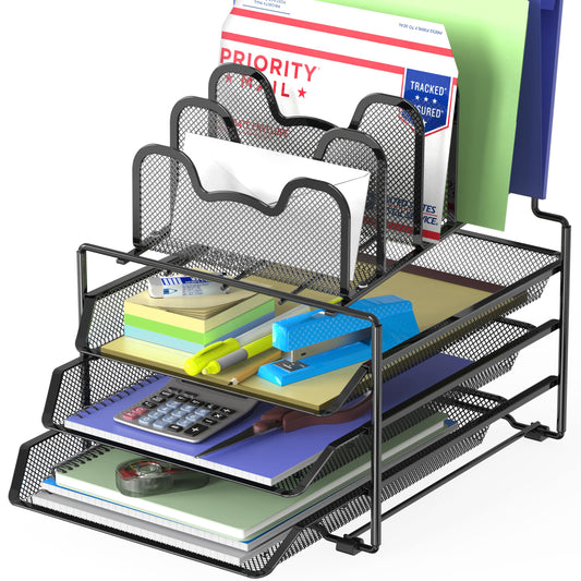 Simple Houseware Desk Organizer, 3 Sliding Tray & 5 Stacking Section, Black
