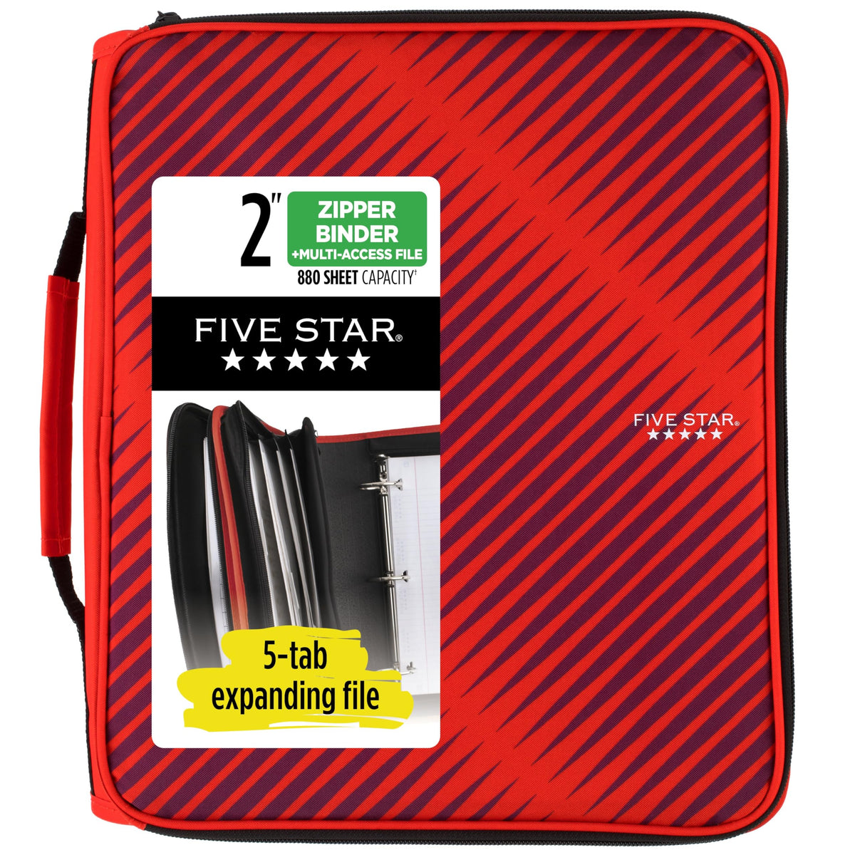 Five Star Zipper Binder, 2 Inch 3-Ring Binder with Round Rings, 5-Tab Expanding File, 380 Sheet