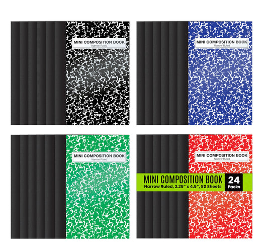 Better Office Products Mini Composition Books, 24 Pack, 4.5 x 3.25 inches, 80 Sheets, Narrow Ruled
