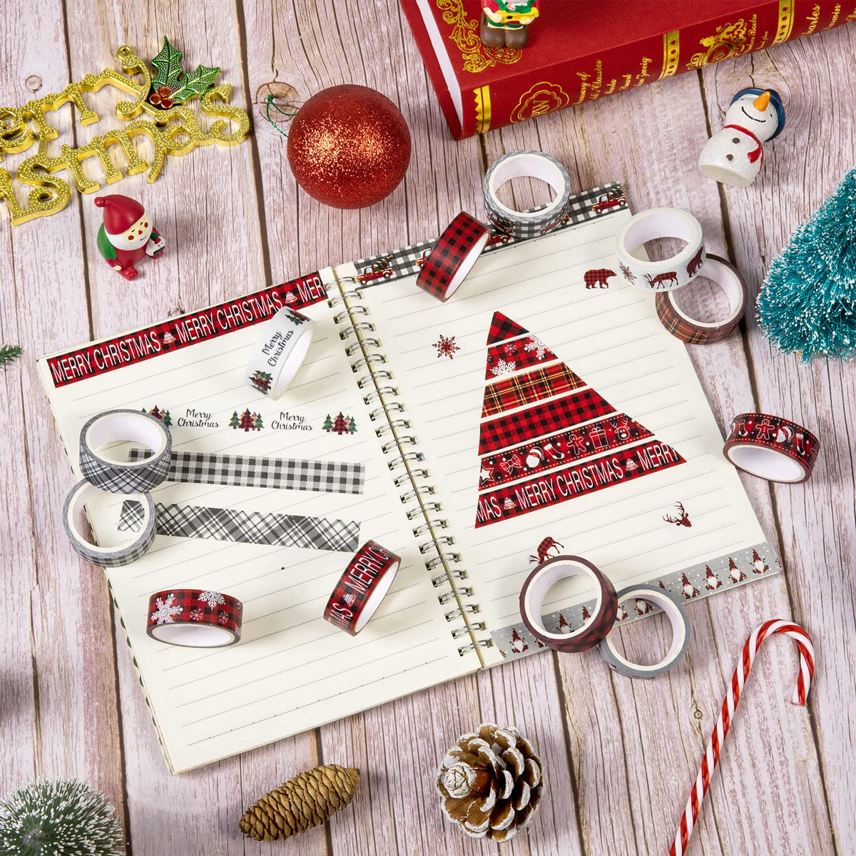 Whaline 12 Roll Christmas Washi Tape Plaids Xmas Tree Snowflake Gnome Truck Masking Tape 15mm Red