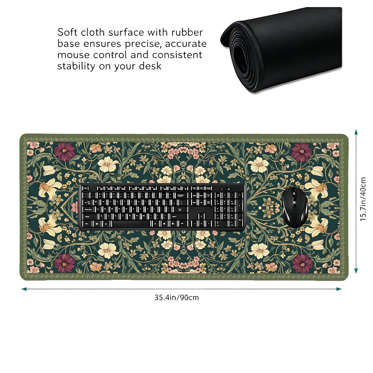 Cute Floral Aesthetic Dahlia Gaming Mouse Pad, Dark Green Rug Desk Mat with Anti-Slip Base &